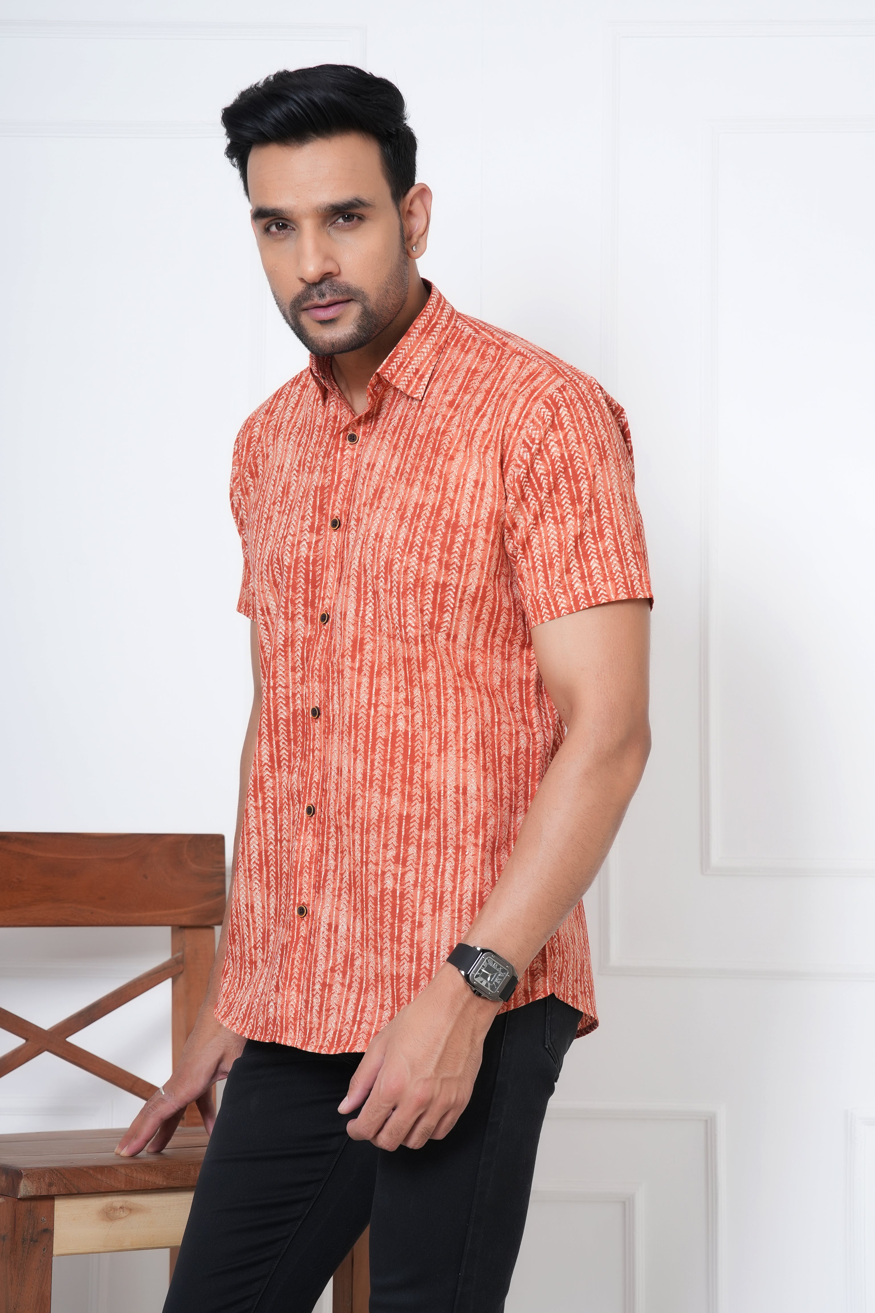 Cambric Fabric Men Half Shirt