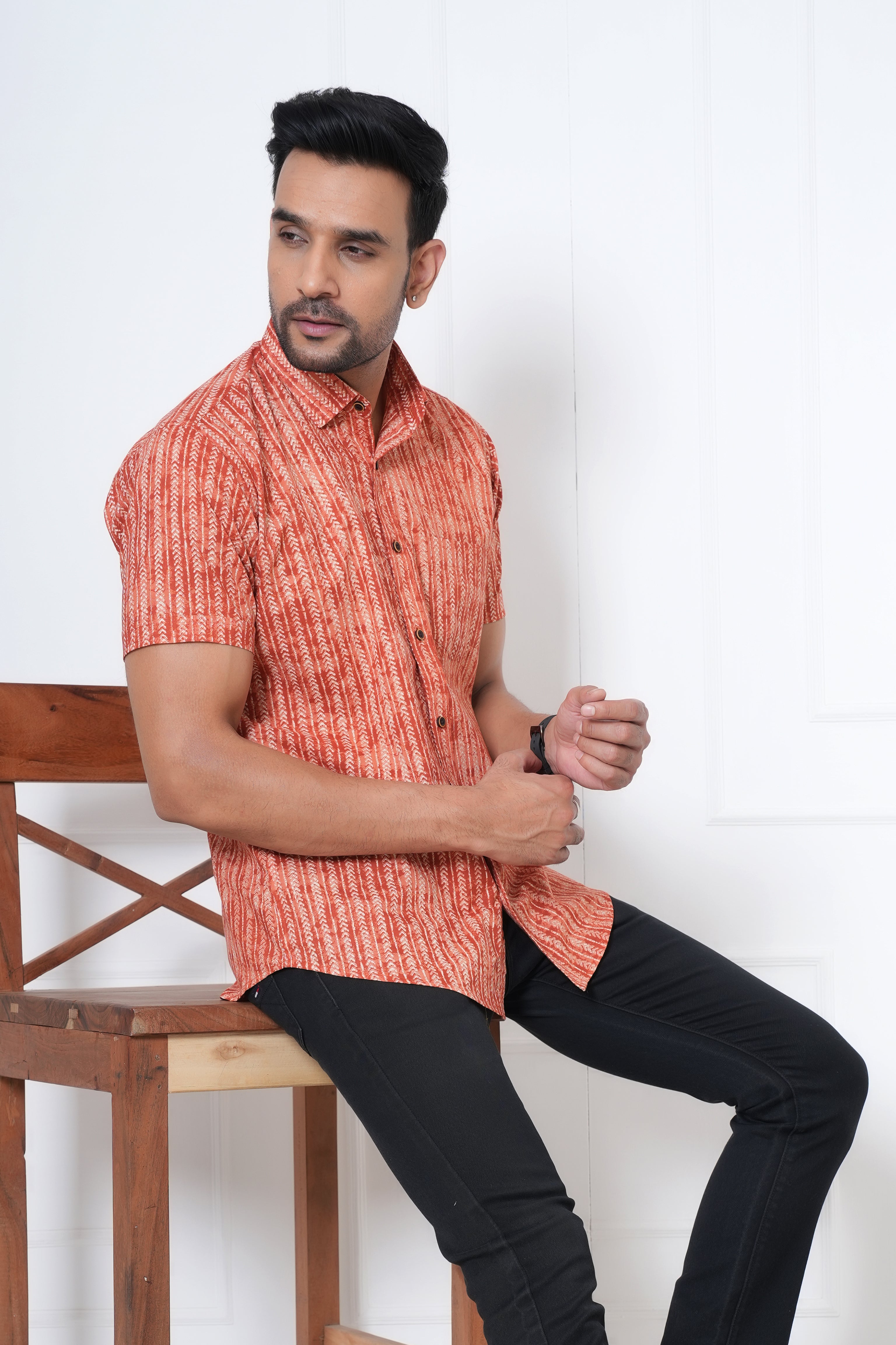 Cambric Fabric Men Half Shirt