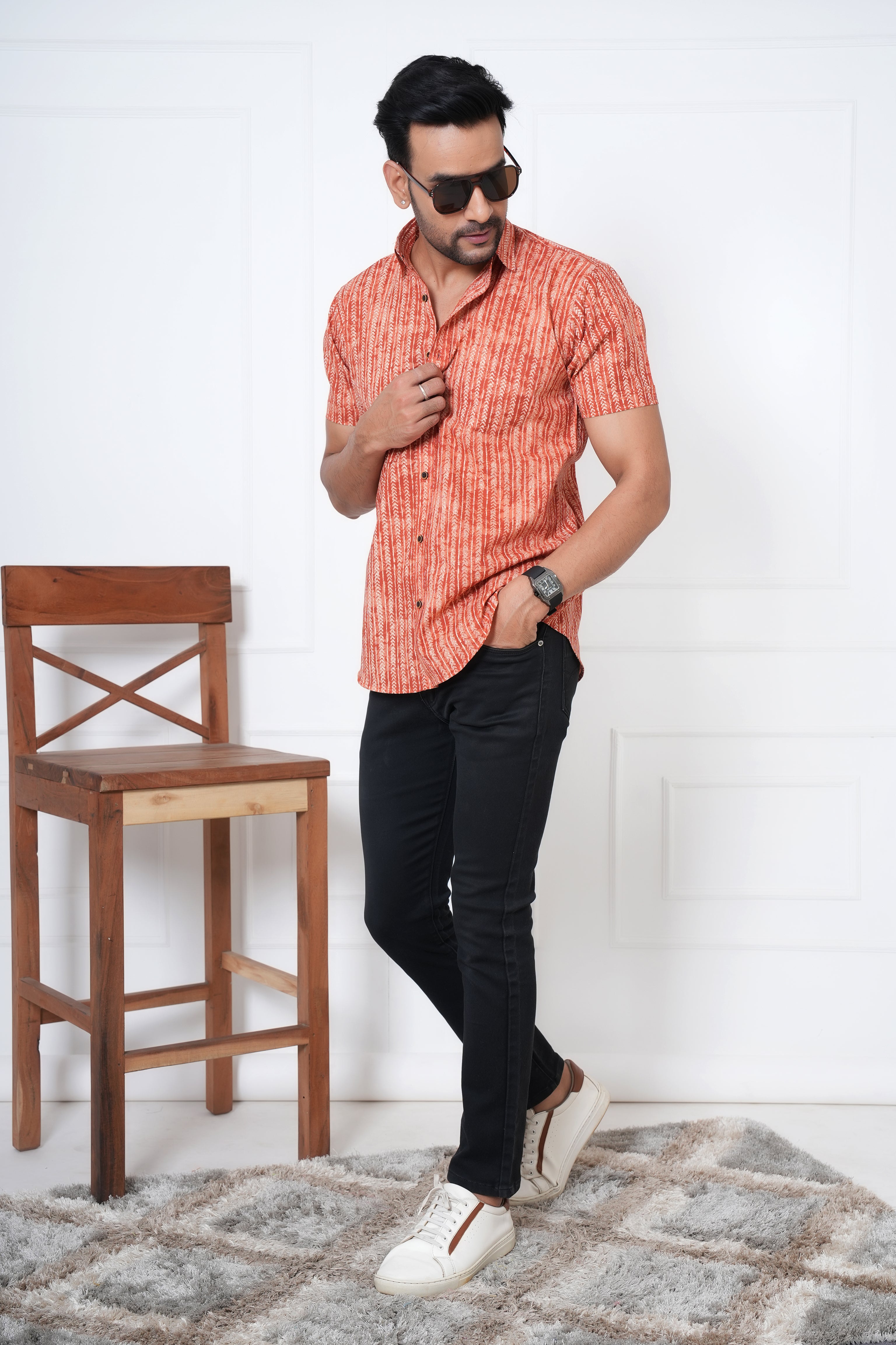Cambric Fabric Men Half Shirt