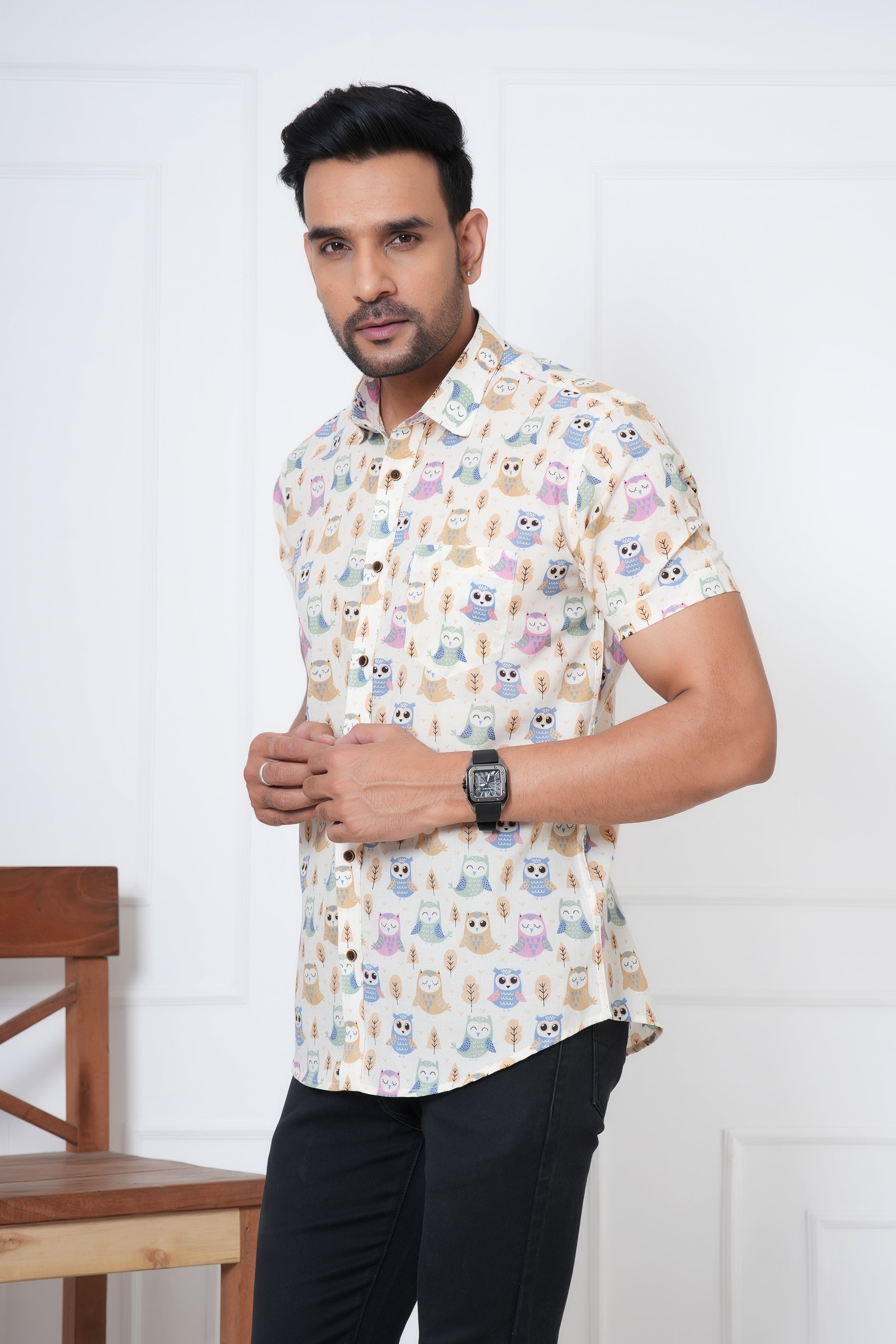 Cambric Fabric Men Half Shirt