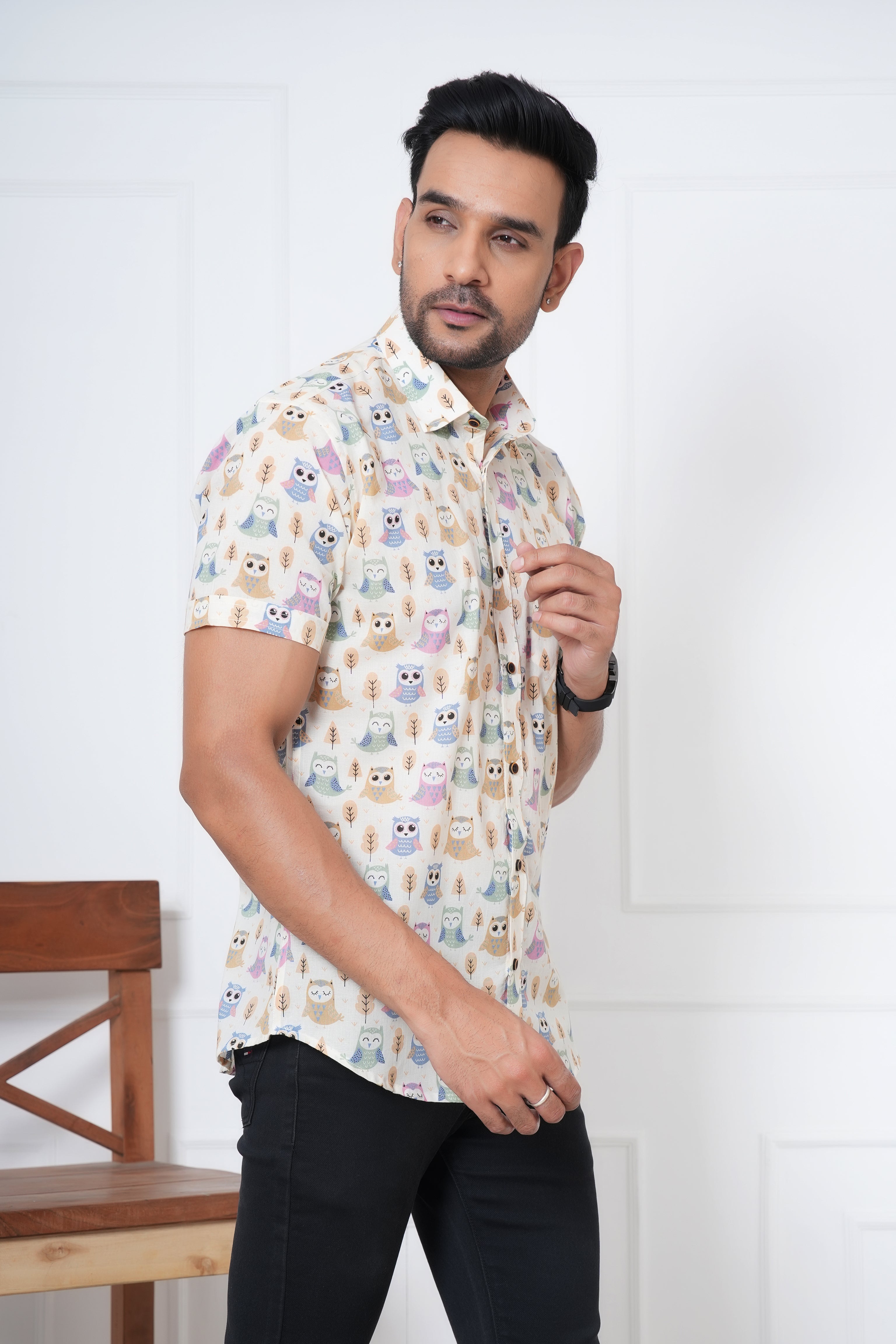 Cambric Fabric Men Half Shirt