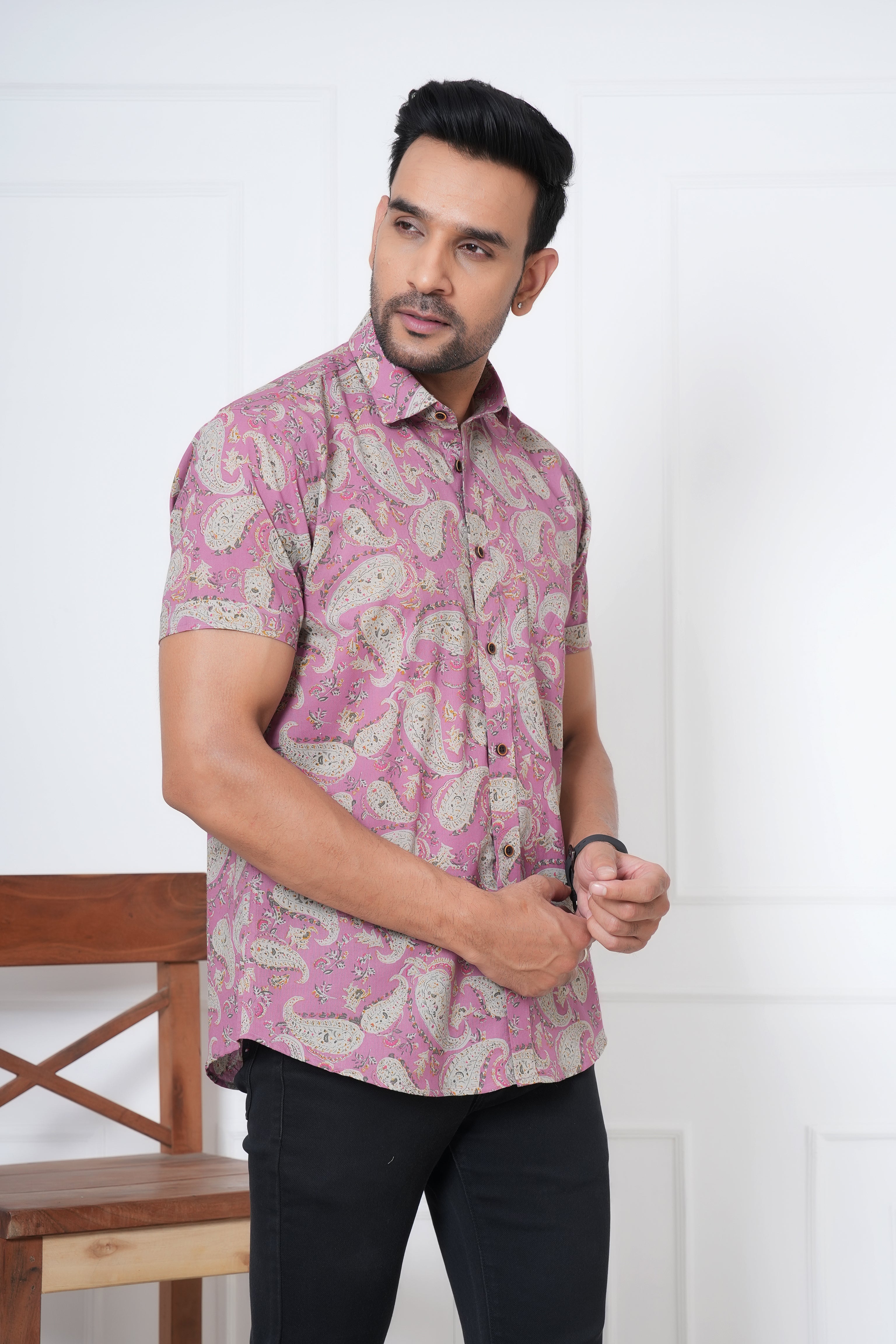 Cambric Fabric Men Half Shirt