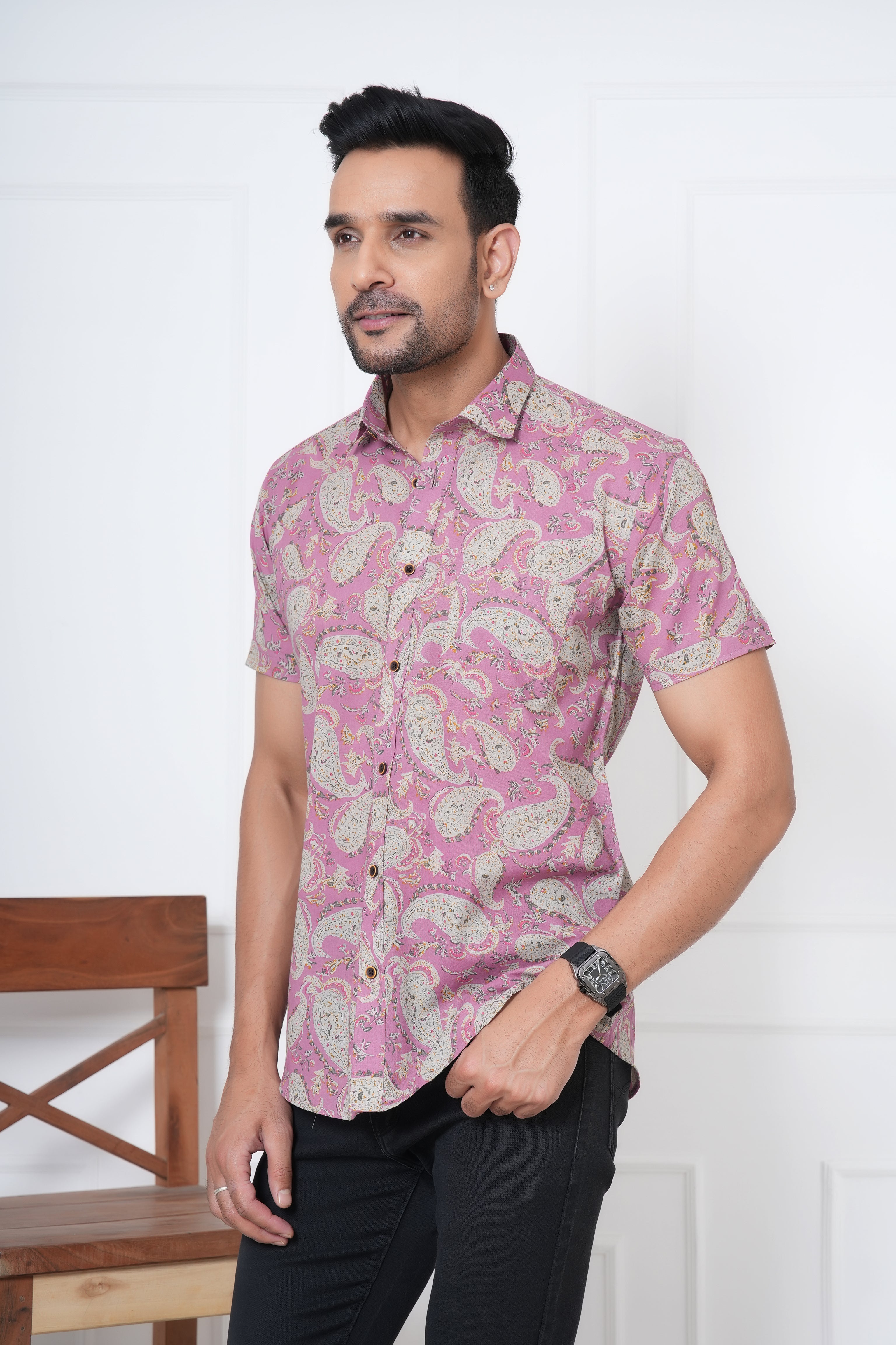 Cambric Fabric Men Half Shirt
