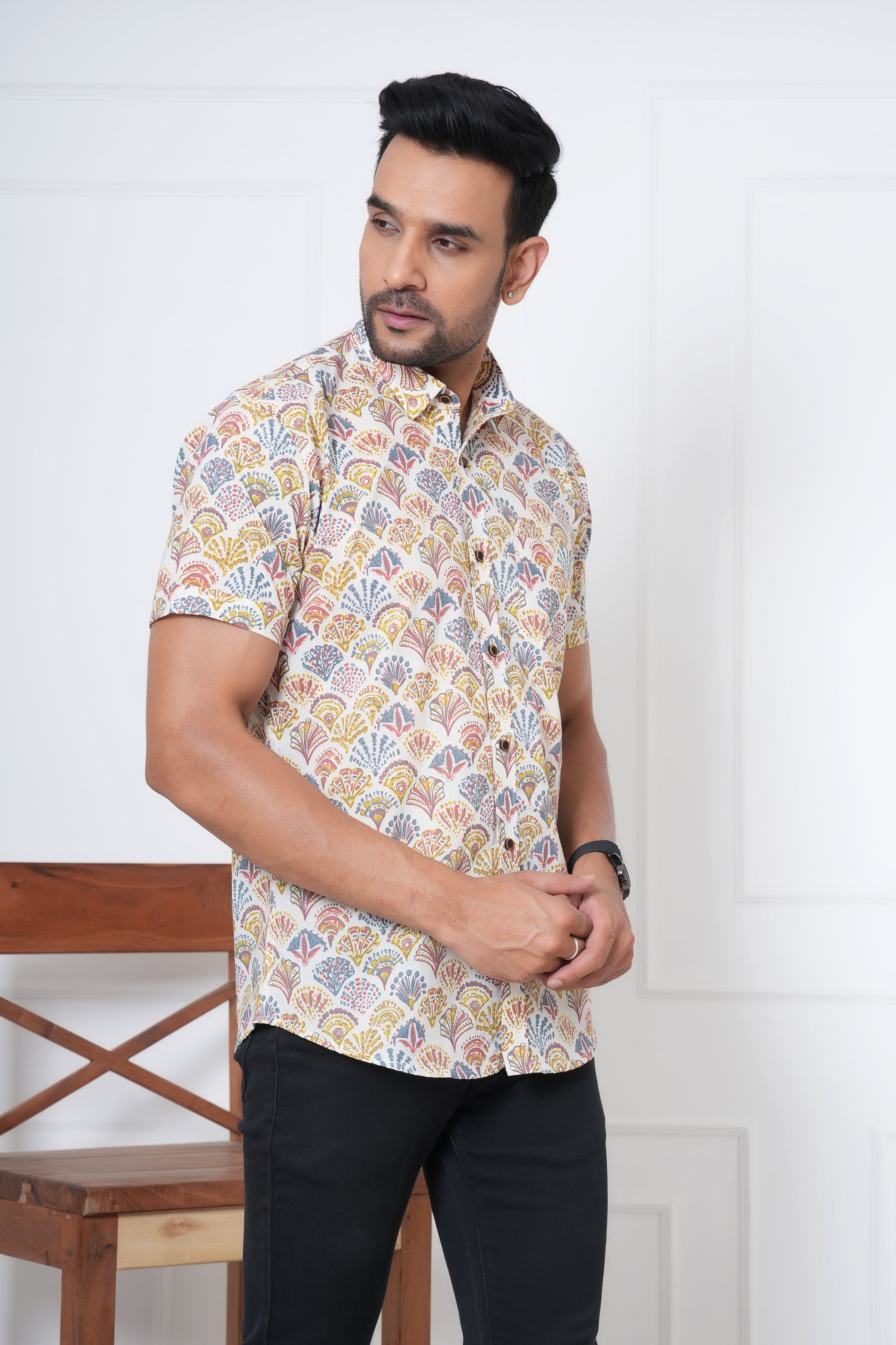 Cambric Fabric Men Half Shirt