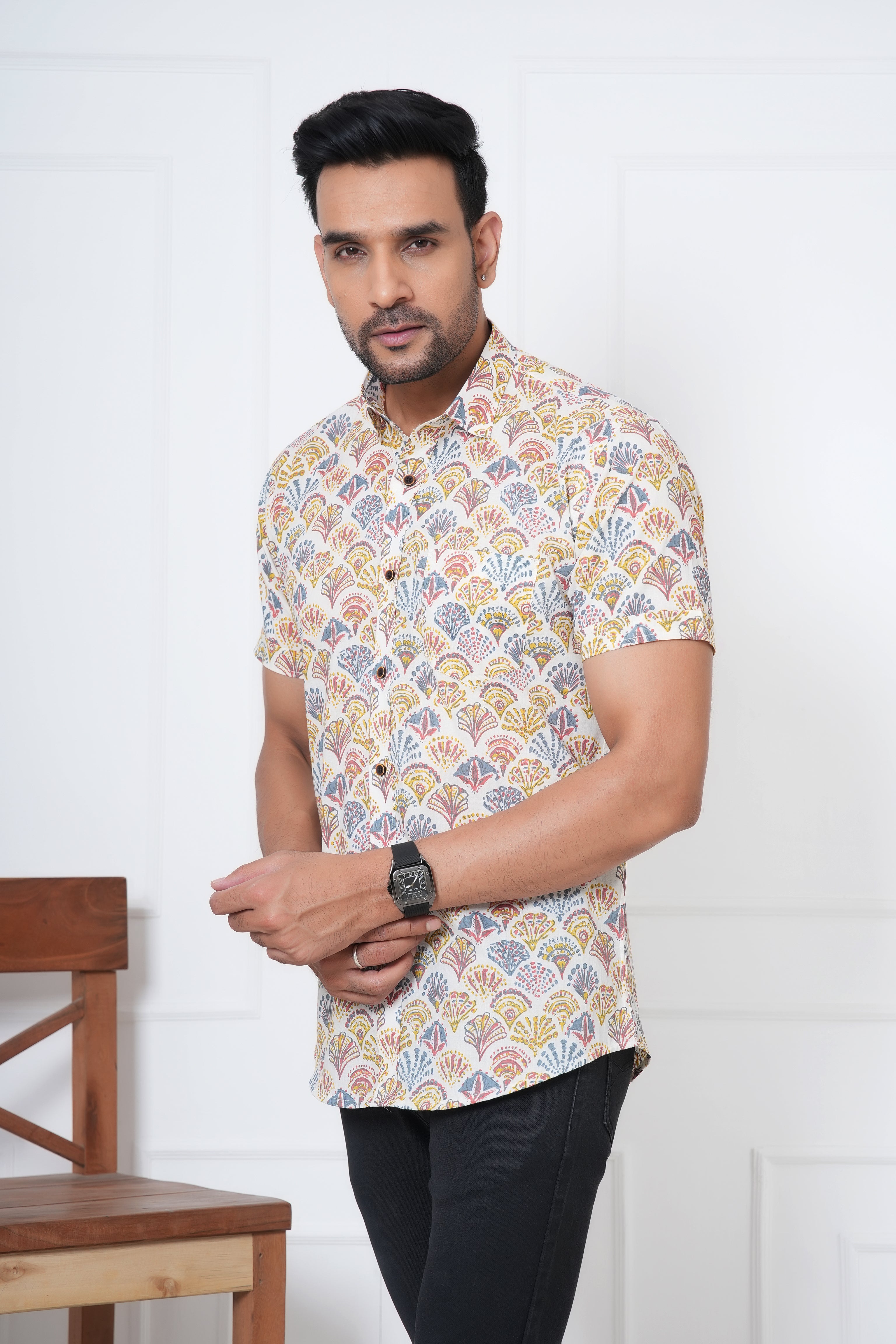 Cambric Fabric Men Half Shirt