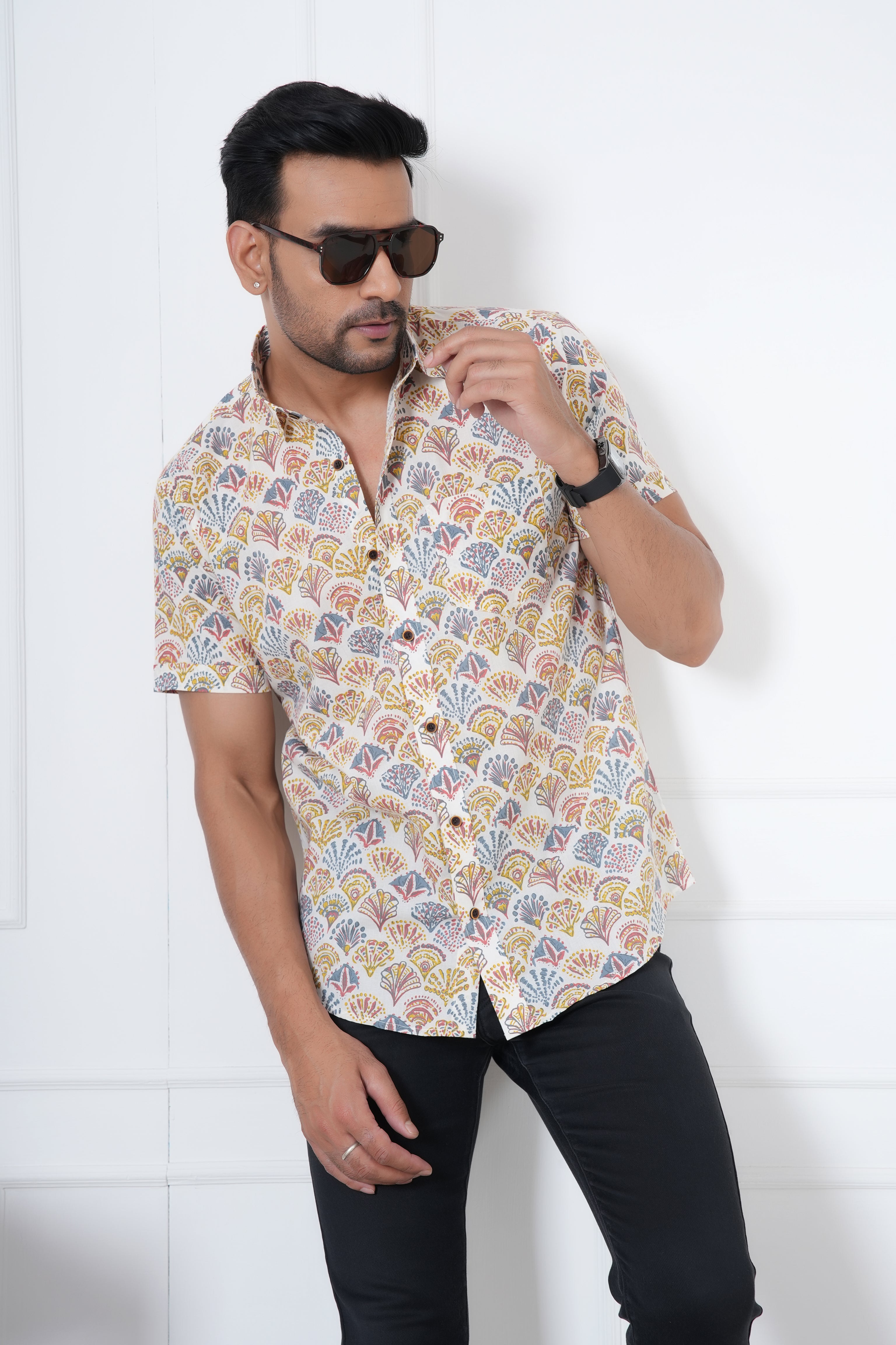 Cambric Fabric Men Half Shirt