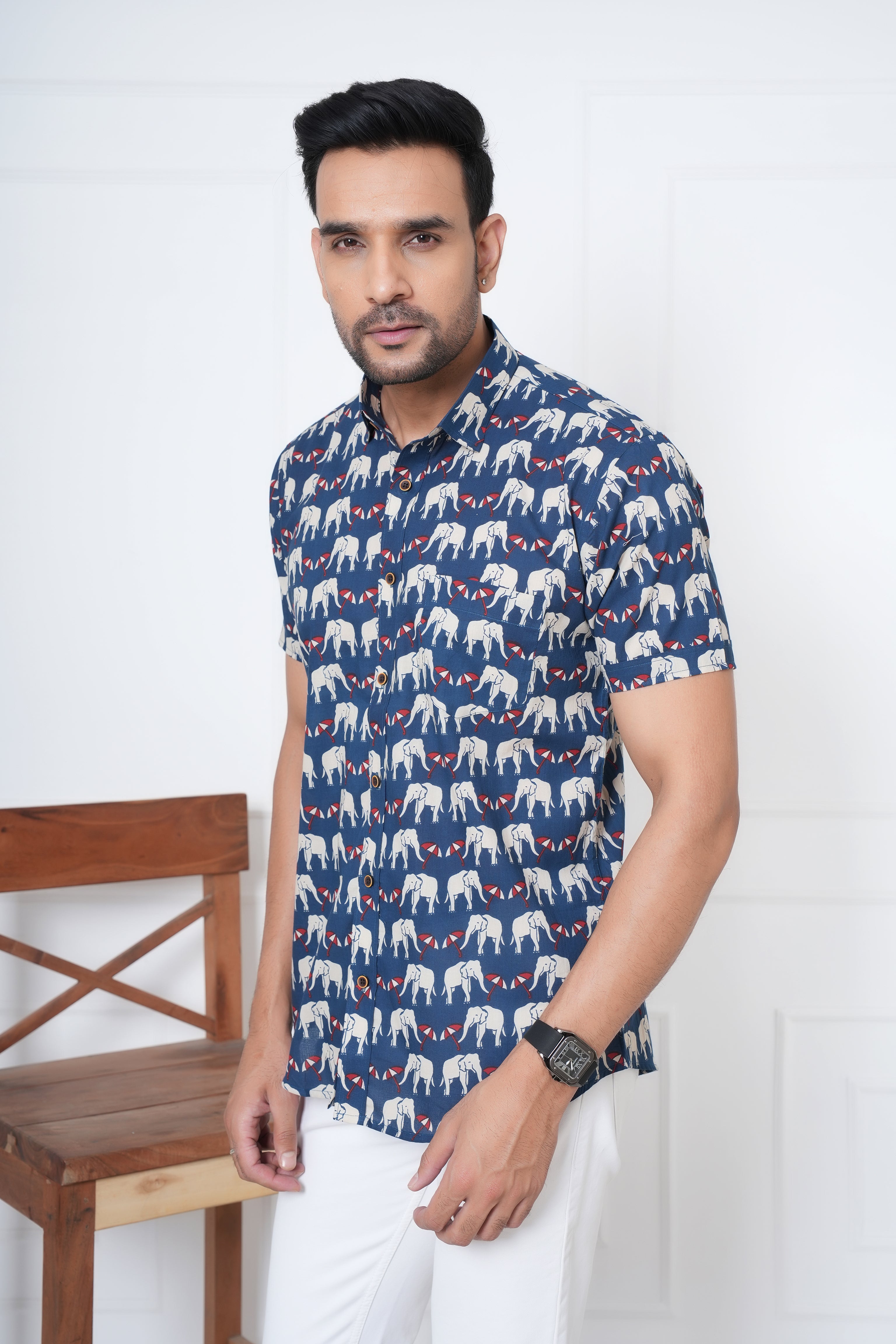 Cambric Fabric Men Half Shirt