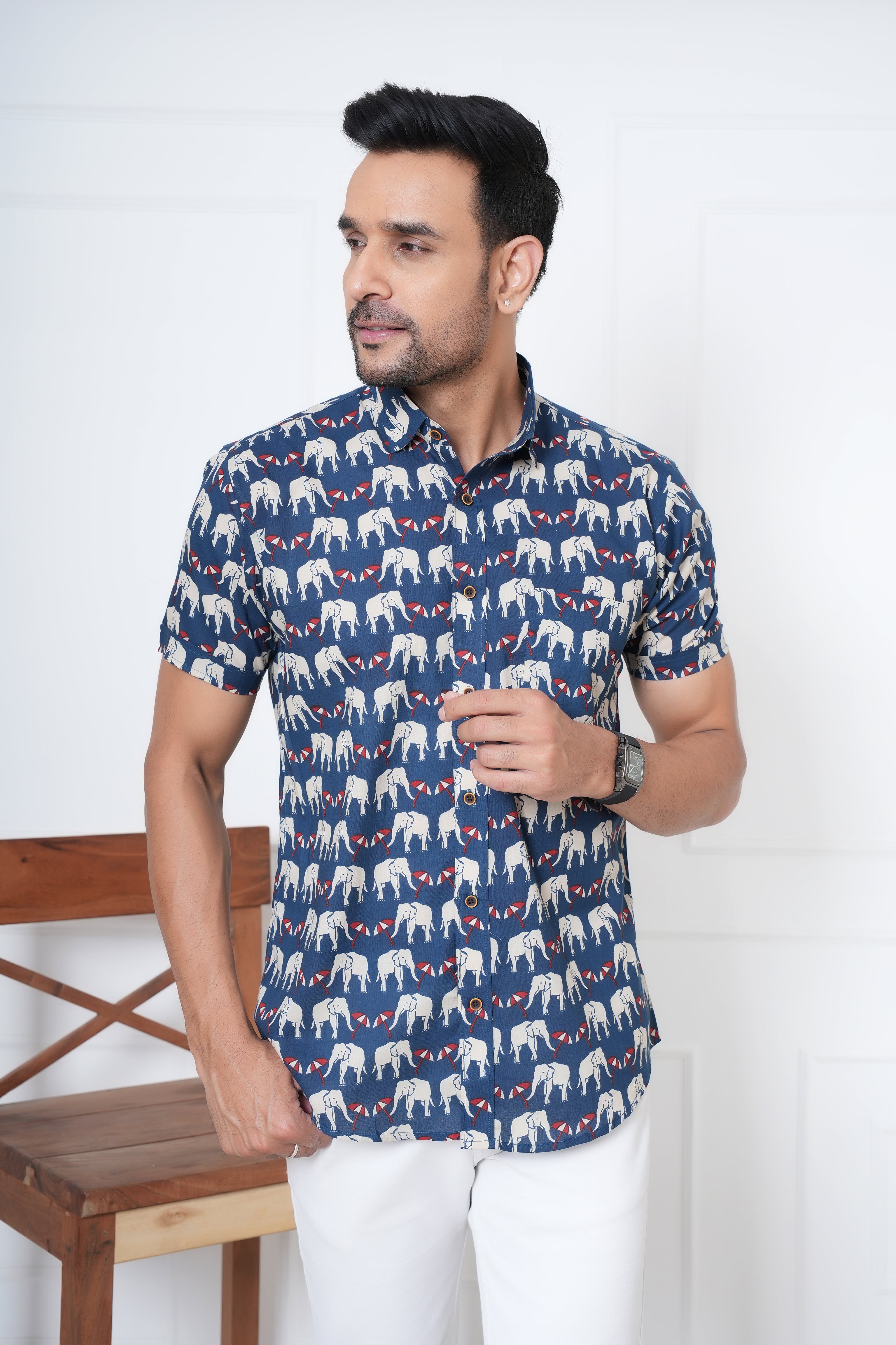 Cambric Fabric Men Half Shirt